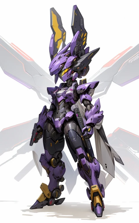 Cartoon image of robot rabbit holding gun, mecha cyber armor, Cool mech style, mechasuit, Full robot full body mecha suit, cyber fight armor, wearing cyber armor, anime mecha armor, Purple armor, Complex assassin mecha, Mecha Inspiration