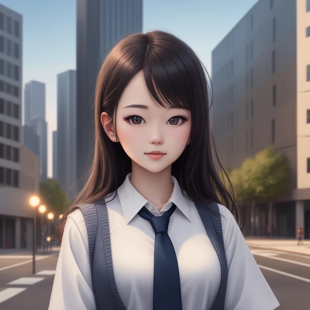 masterpiece, high quality, 4k, beautiful lighting, 1girl, solo, akane, white shirt, sweater vest, black vest, blue necktie, outdoors, upper body,  portrait, bush, looking at viewer, buildings, city