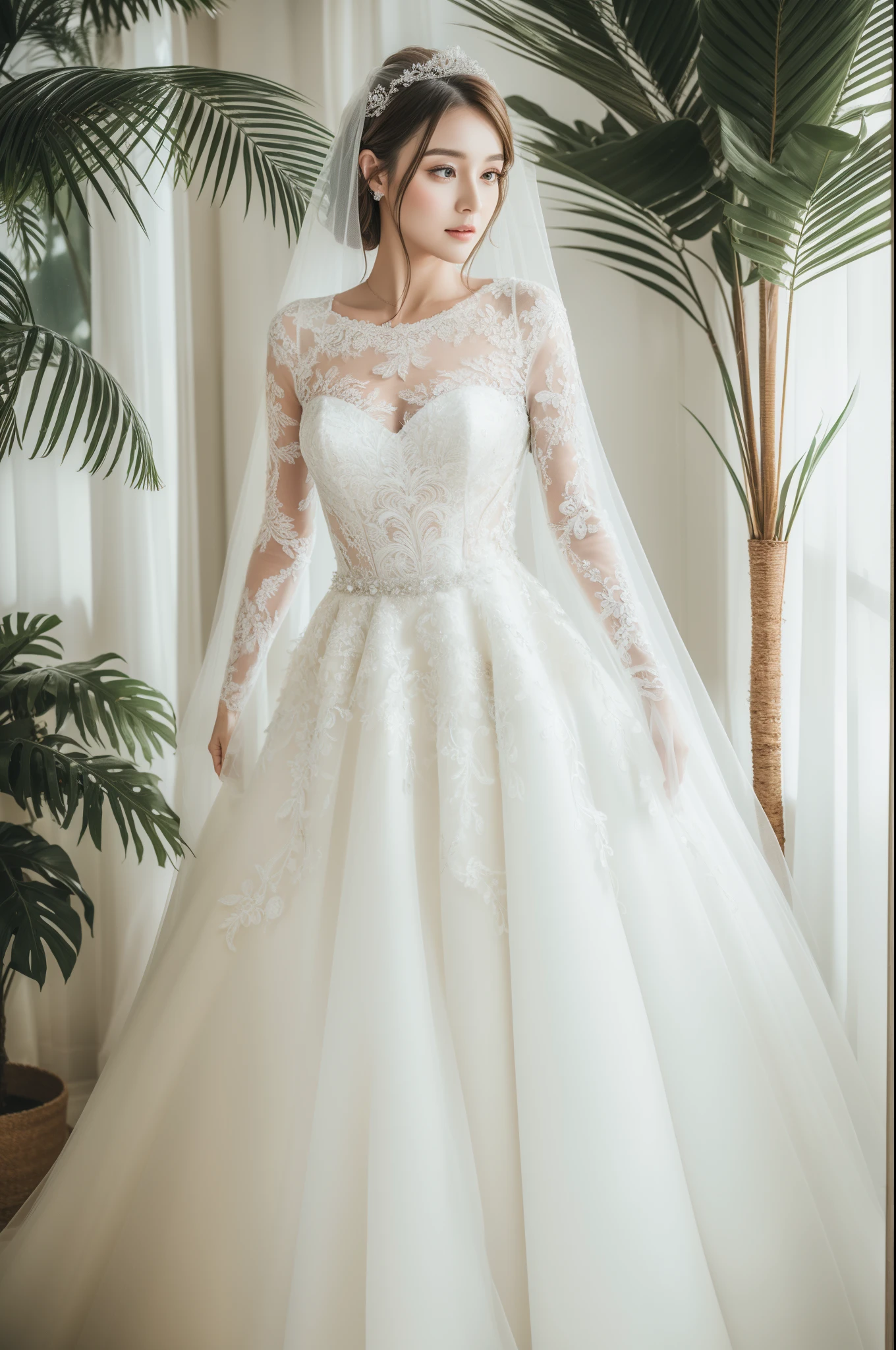 Best quality, 8k, 32k, Masterpiece, Masterpiece, (Photorealistic: 1.4), RAW photo, ultra realistic, 1girl, full body, wearing a white ballgown wedding dress, long-sleeve style, tulle and lace,
Full body photo like in a wedding dress catalog, in white room with indoor decorative palm tree, stand upright and look straight,