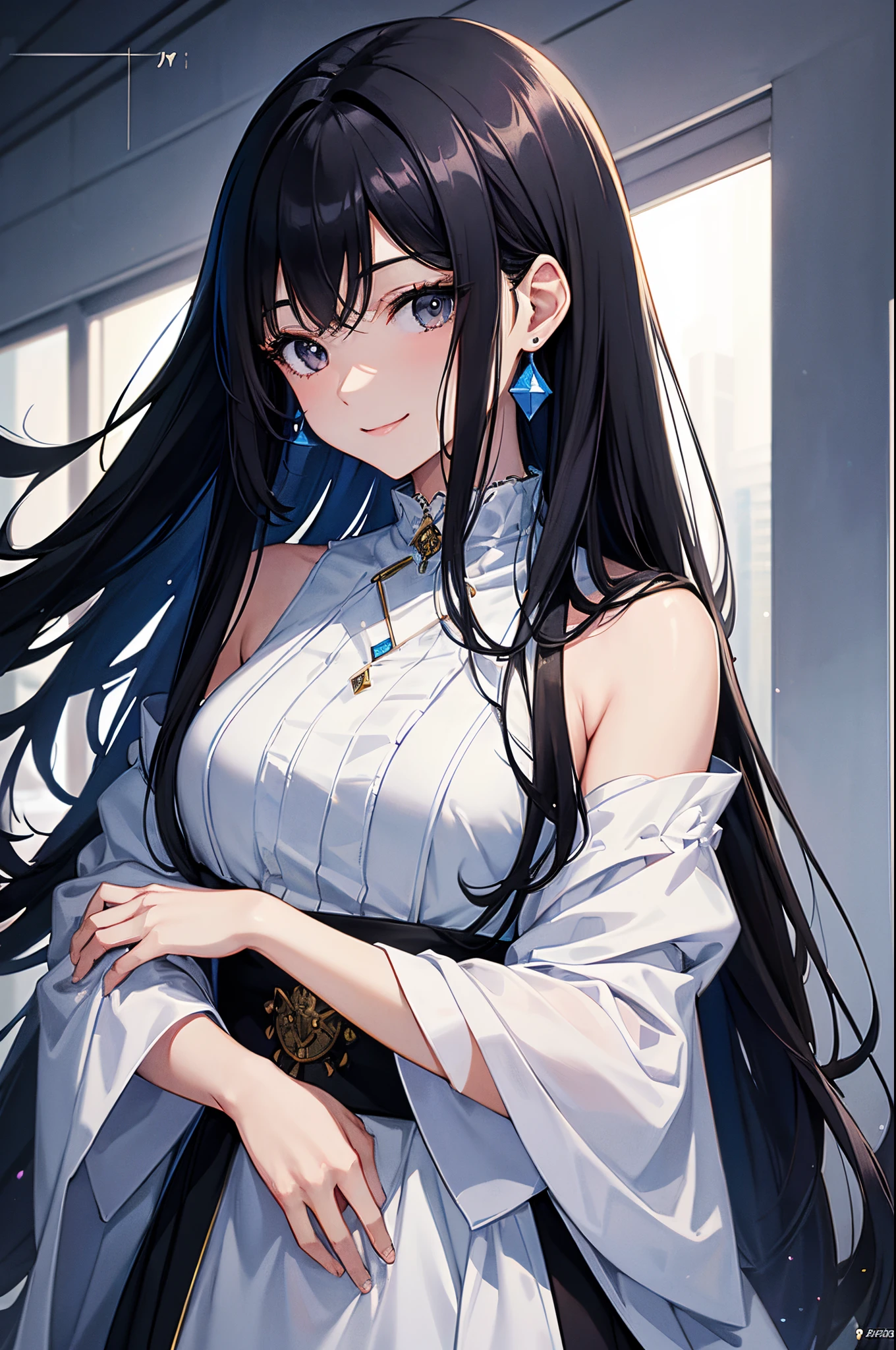 Magazine Cover. Anime. Solo. 1-woman. A young woman with long black hair and black eyes who smiles gently. She is wearing a white clothes embellished in blue. Fantasy theme. Upper body. Half body potrait.
