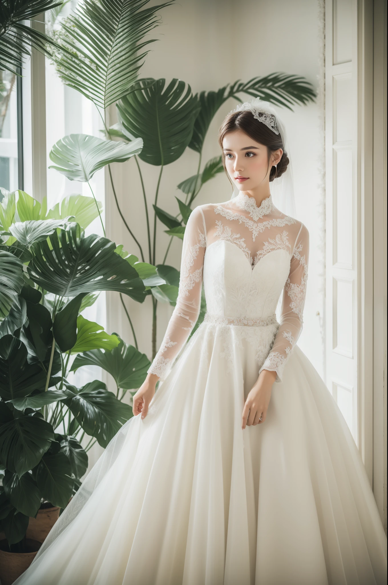 Best quality, 8k, 32k, Masterpiece, Masterpiece, (Photorealistic: 1.4), RAW photo, ultra realistic, 1girl，full body, wearing a white ballgown wedding dress, long-sleeve style, tulle and lace, full length, look straight, stall tall in white room with indoor decorative palm tree,