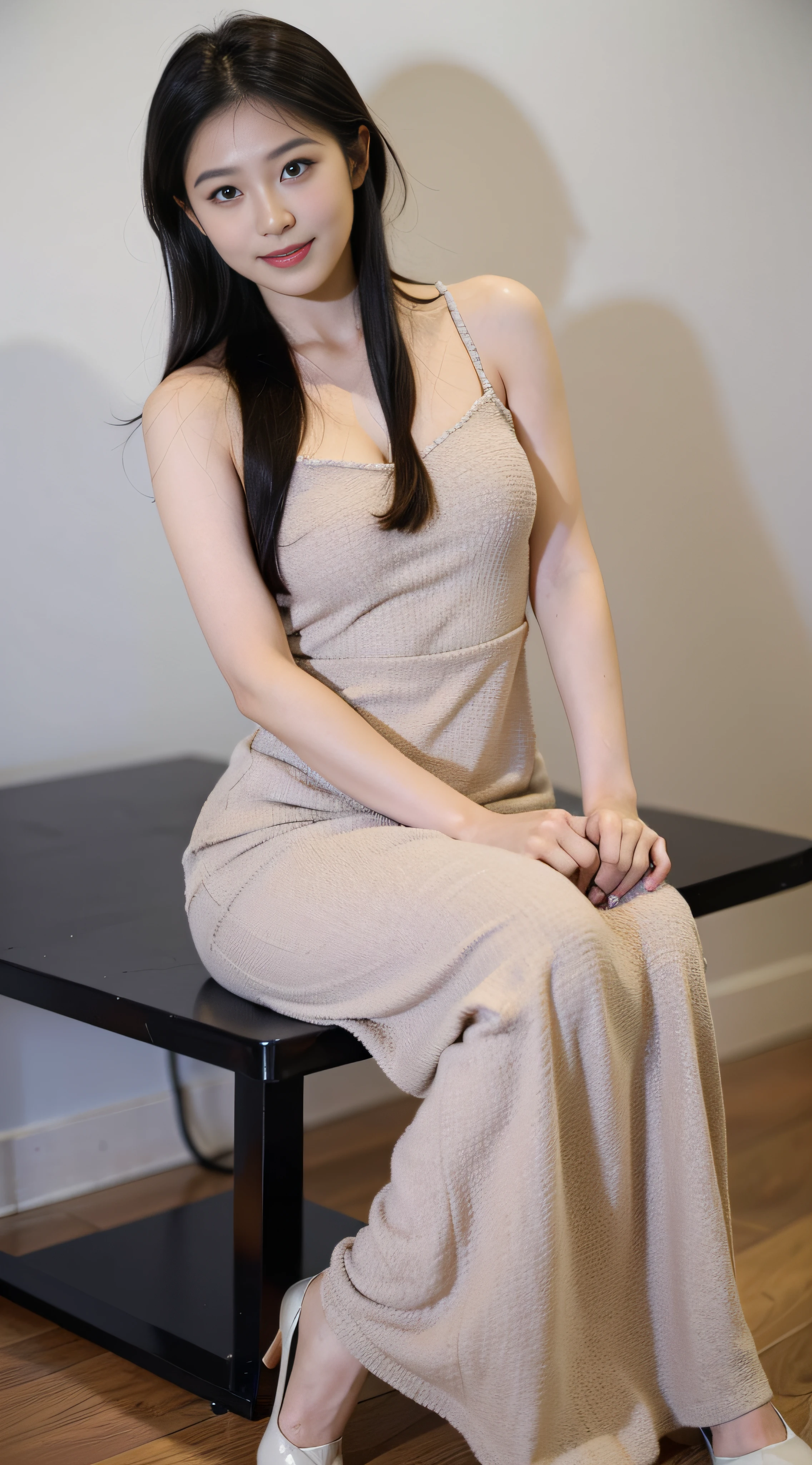 (of the highest quality, 8K, masutepiece: 1.3)), (1 person: 1.4), 1girl in, Japan Woman, Goddess, , a portrait photo of, High contrast, God perspective, aperture F1.2, Focal length 24mm, (Full body: 1.2), Smile, Photo Pose, Fine Lace, Slip Dress, Simple Cut Dresses, Branded Dresses, Simple Cut, Long Black Hair, Hair tying, Ultra-detailed skin details, Detailed fabric texture