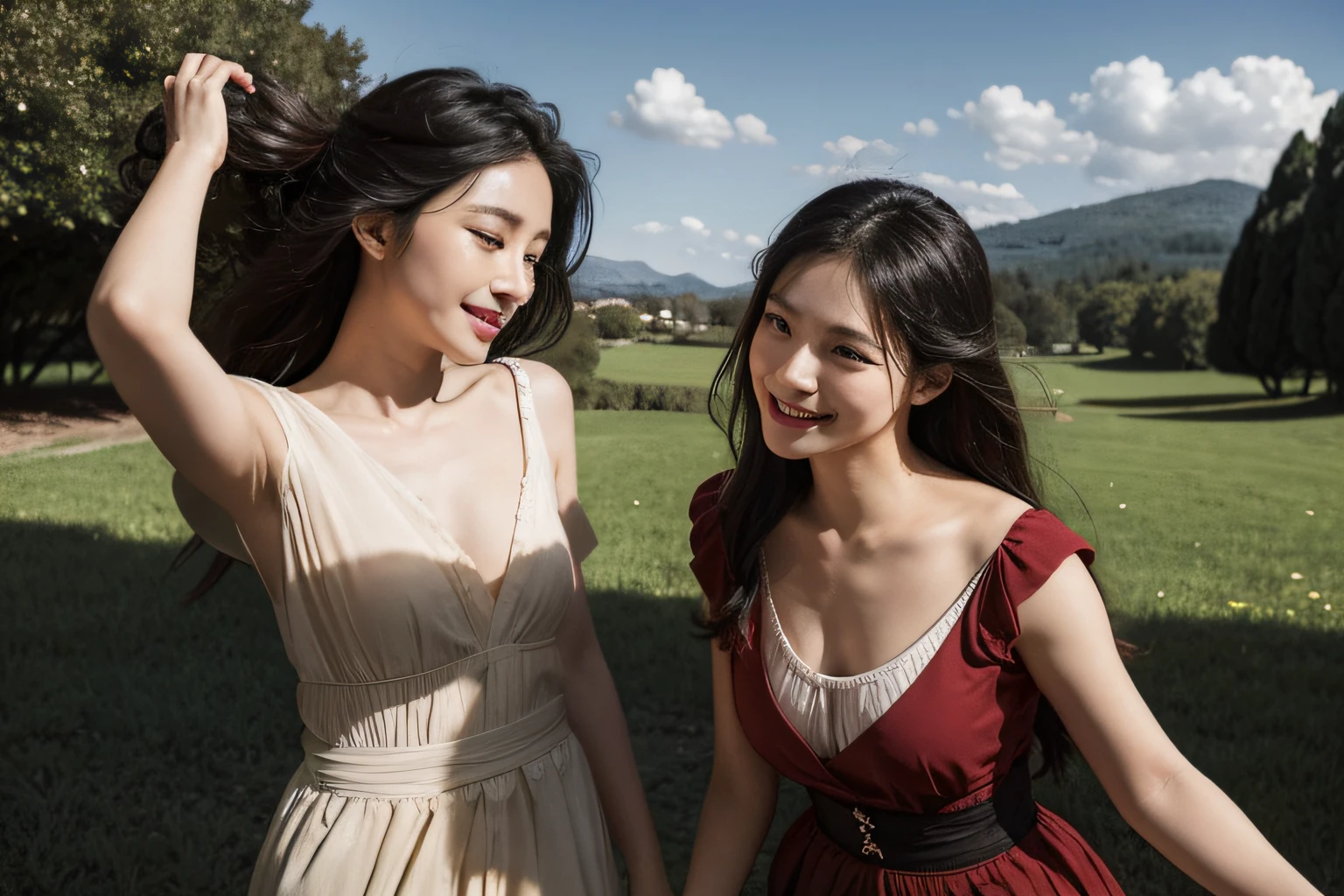Poussin-style landscape,A smile,,Sweet and seductive appearance.、Caravaggio's paintings、Chiaroscuro of Caravaggio、Hair disheveled in the wind,Two women frolicking,Cute smile, Expression of ecstasy