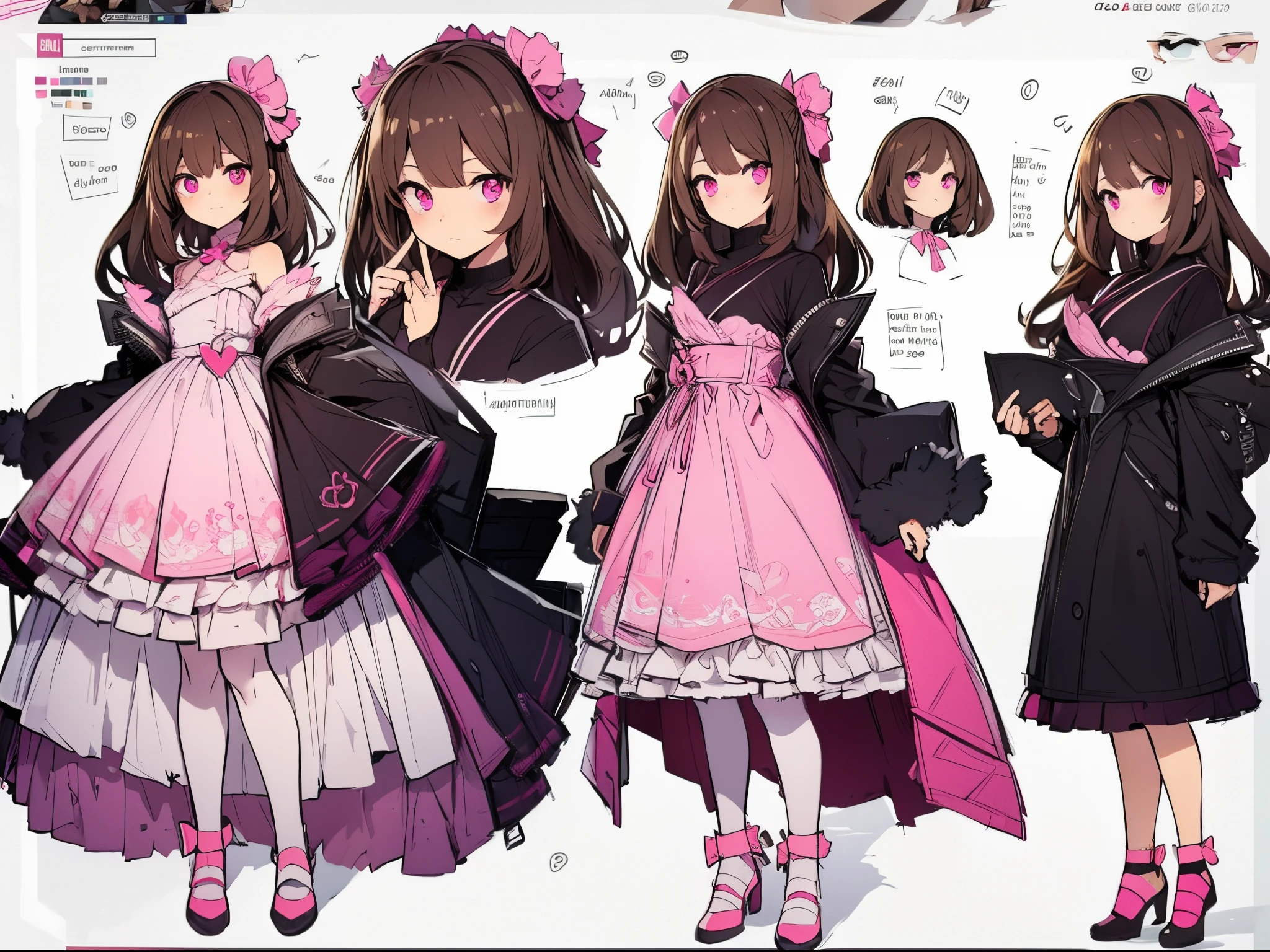 (CHARACTERSHEET:1) (MULTIPLE VIEWS FULL BODY UPPER BODY REFERENCE SHEET:1)
(masterpiece), (best quality), (ultra-detailed), brown hair with long strands, pink eyes,white frilly dress , pink cute shoes,wide eye,cute face
