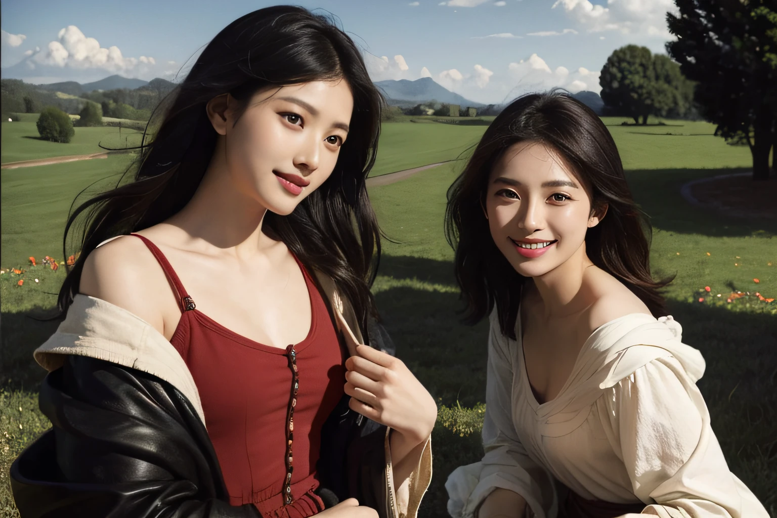 Poussin-style landscape,A smile,,Sweet and seductive appearance.、Caravaggio's paintings、Chiaroscuro of Caravaggio、Hair disheveled in the wind,Two women frolicking,Cute smile, Expression of ecstasy