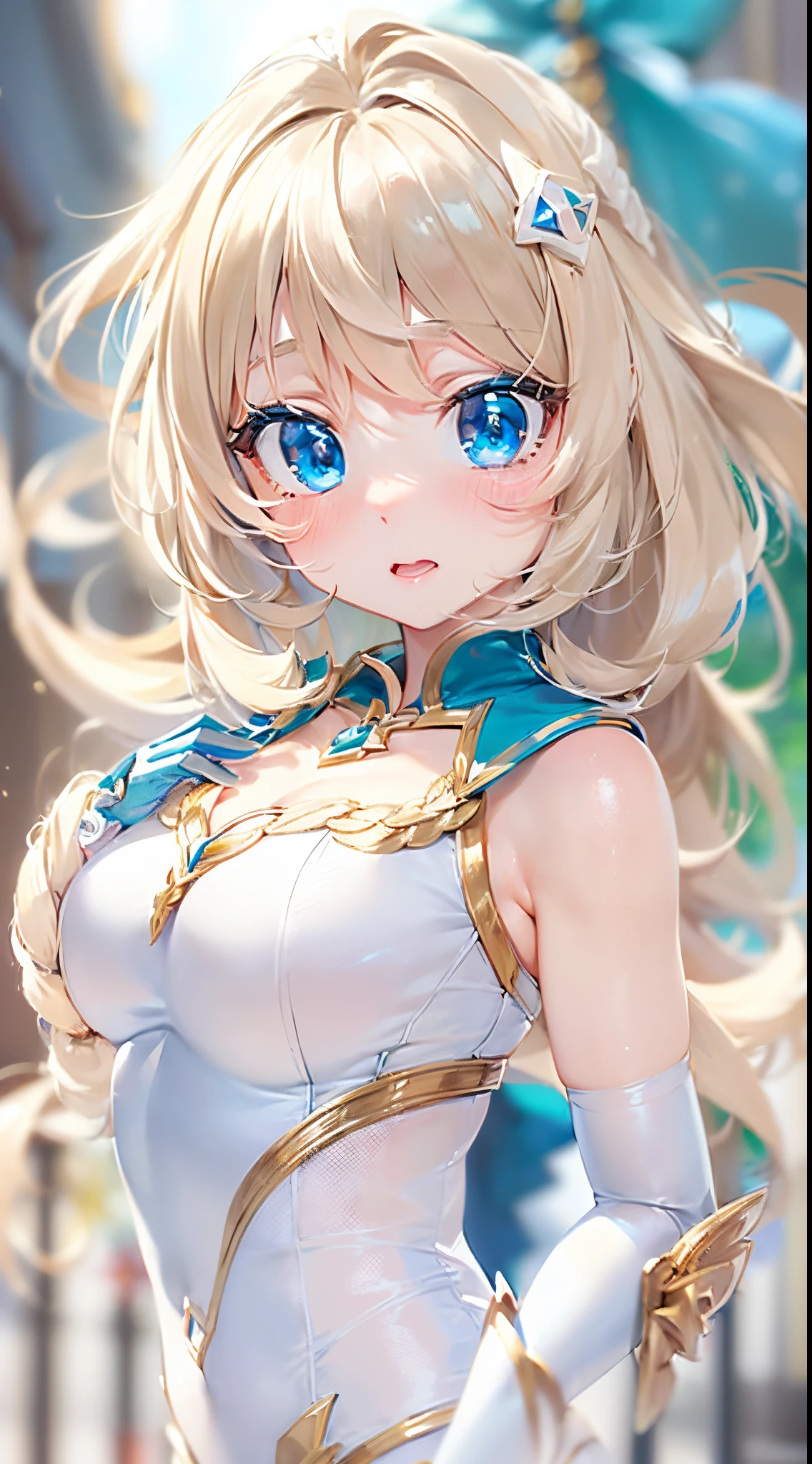 1womanl,Golden head hair,ar old Impatient expression)),Beautiful breasts,(((Sexy magical girl white and blue high-leg bodysuit)))(())(((Blushing cheeks、Surprised look)),((())),((( portlate))),Blue eyes,(((Bangs are aligned)))()Street,Crowds(magical girl hair ornament)