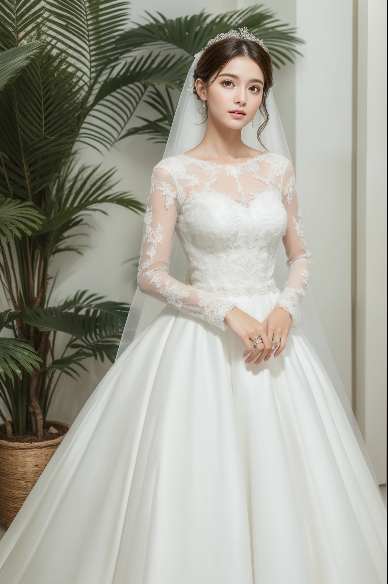 Best quality, 8k, 32k, Masterpiece, Masterpiece, (Photorealistic: 1.4), RAW photo, ultra realistic, 1girl, full body, wearing a white ballgown wedding dress, long-sleeve style, tulle and lace,
Full body photo like in a wedding dress catalog, in white room with indoor decorative palm tree, stand upright and look straight,