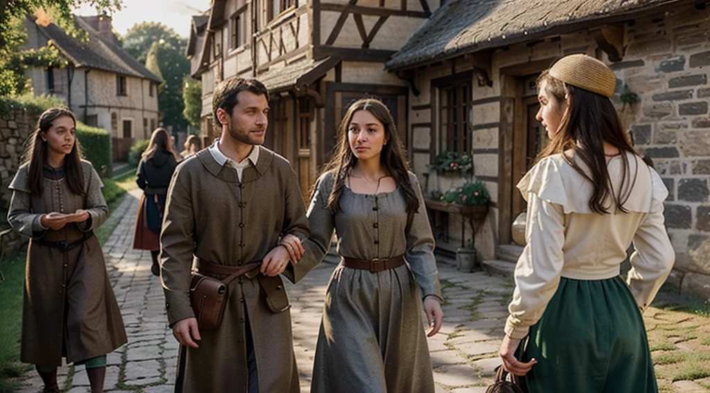 Generate a realistic AI-crafted scene depicting a medieval European landscape, with people walking on a winding road. Picture a cobbled path cutting through a quaint village surrounded by rolling hills and rustic architecture. Capture the atmosphere of the medieval age with details such as stone buildings, thatched roofs, and traditional attire.
Envision a diverse group of people on their journey, some carrying goods, others engaged in conversation. Use realistic lighting to evoke the ambiance of a bygone era, with the warm hues of the setting sun illuminating the scene. Ensure that the individuals' clothing and accessories reflect the medieval period, creating a visually authentic experience. Craft a scene that transports viewers to a historic and charming moment in medieval European life.