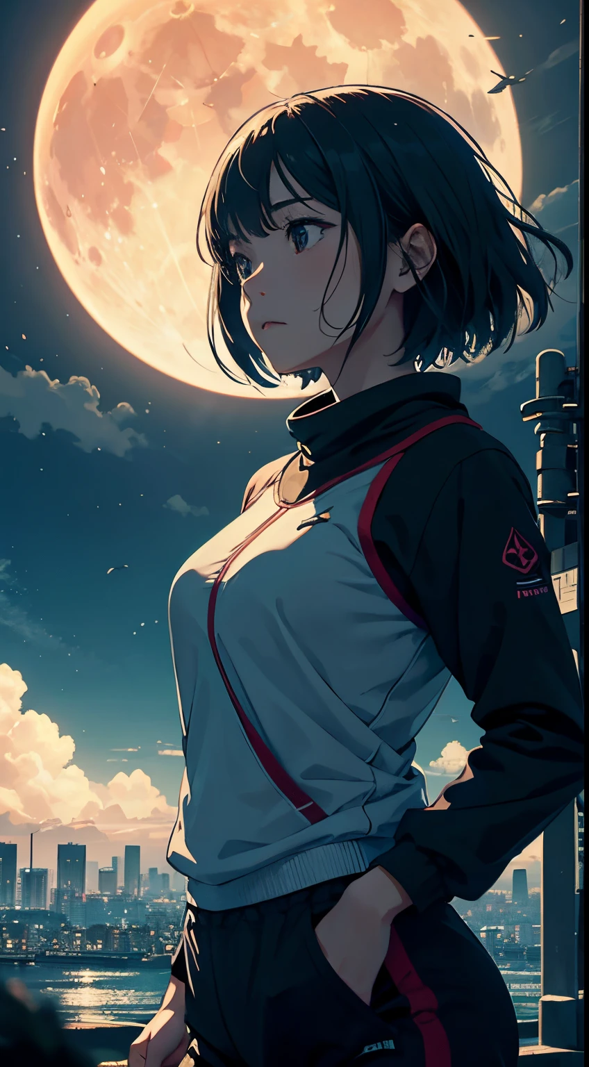 Anato Finnstark, Yoshiko Nishitani, Surreal, mysterious, strange, fantastical, fantasy, Sci-fi, Japanese anime, futuristic city, beautiful Japanese girl running in the city early in the morning, gym clothes, bloomers, short hair, sweating, perfect body, the transparent light blue universe at sunrise, the faintly visible giant moon, far away flying boat floating in the sky, detailed masterpiece depth of field cinematic lighting