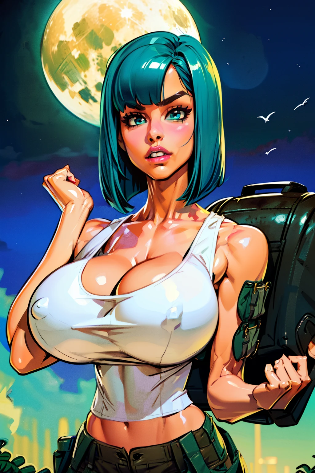 Waifu, masterpiece, curvy, breasts, moon, full moon, gloves, 1girl, clenched teeth, bulma, cleavage, hair split in middle, large breasts, teeth, ((aqua hair)), ((white tank top:1.2)), blue eyes, rating:explicit,rule34, hardcore, tits,clenched hands, night, sky, ((brown cargo pants:1.4)),(white skin:1.4), bare shoulders, blue hair, clenched hand, rating:questionable, ((long bob:1.5)), belt, solo, angry, lip biting(gigantic and massive tits:1.1), breasts, official illustration, illustration, detailed face, beautiful intricate eyes, curvy milf, 1:2), titsnipples