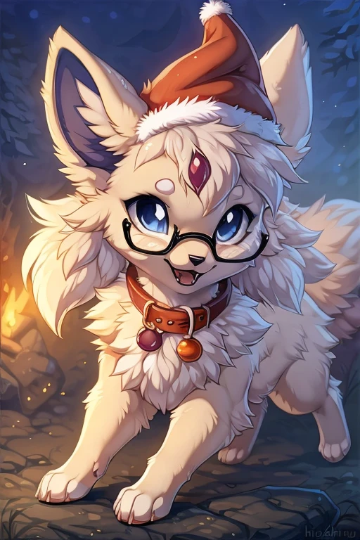 [by Hioshiru],furry, Feral, Pokemon, Long fluffy hair, glasses, Espeon with White fur, glasses, Blue eyes, Happy, canine paws, paws for hands, short height, shortstack, crawling, heavy, collar, walkies, perk,Wearing Christmas hat between ears