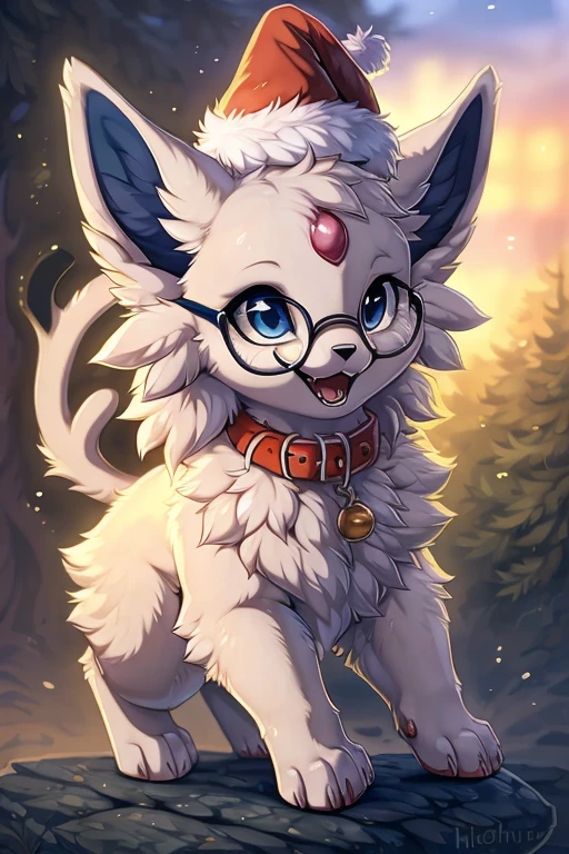 [by Hioshiru],furry, Feral, Pokemon, Long fluffy hair, glasses, Espeon with White fur, glasses, Blue eyes, Happy, canine paws, paws for hands, short height, shortstack, crawling, heavy, collar, walkies, perk,Wearing Christmas hat between ears