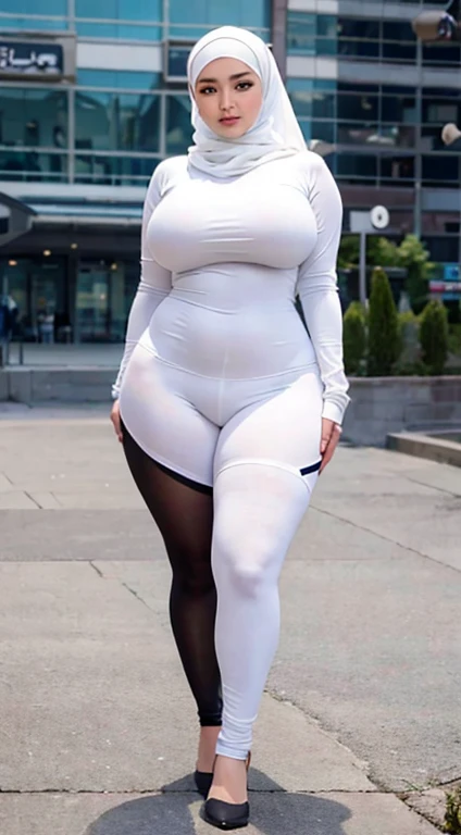 best masterpiece, very detailed quality, best high quality, very beautiful chubby woman in hijab, perfect body, curvy body, white beautiful face, big breasts, wearing tight clothes, wearing sports tights, sexy style, random background, full body detail quality , realistic quality , face details, hand details, style details