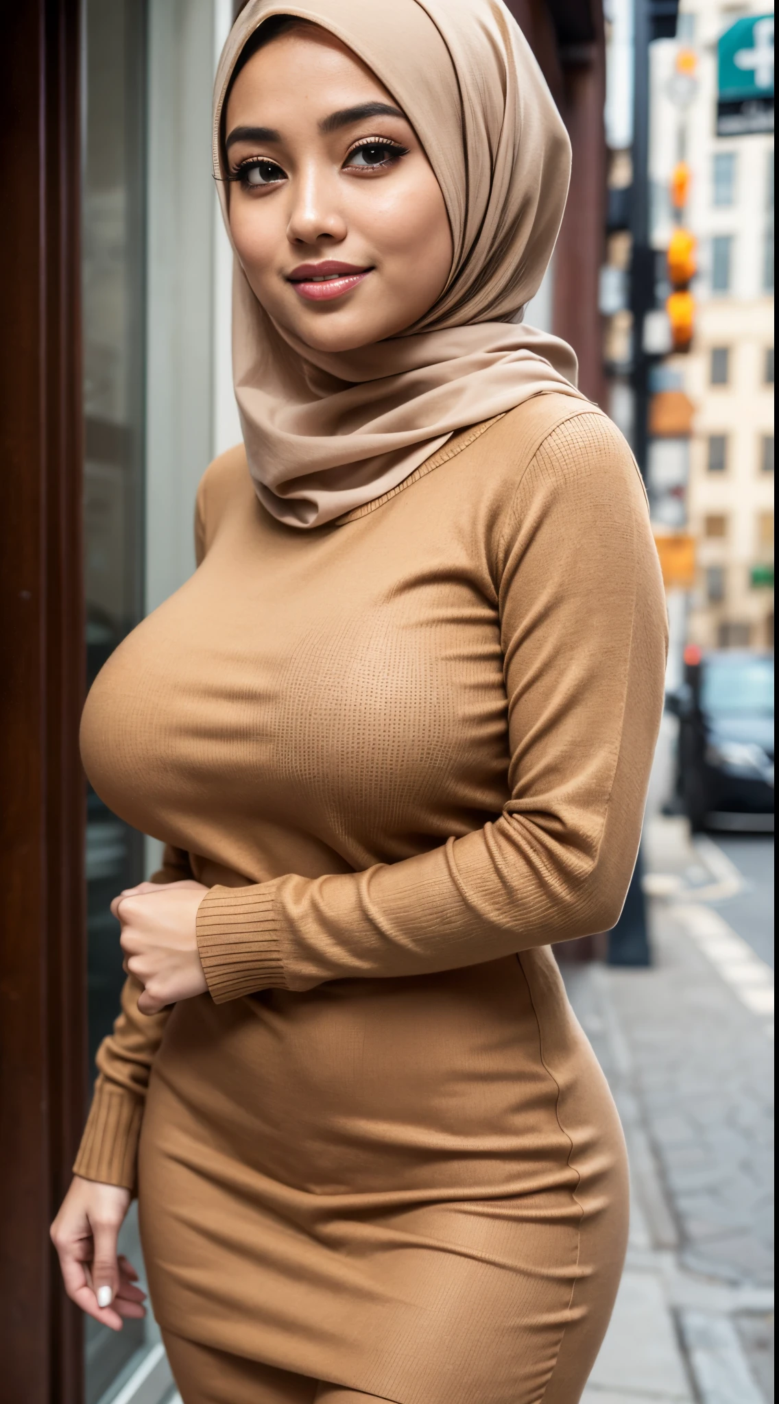 RAW, Best quality, high resolution, masterpiece: 1.3), beautiful Malay woman on hijab (iu:0.8),((big breast)), perfect nose,perfect lips, perfect eyes, detail :1.2),big breast, wearing in brown sweater and brown skirt standing on the sidewalk, full body shot, brown dress, beige, wearing fisher, very aesthetic, pleated skirt, tight leggings, wearing, brown sweater, modestly dressed, wearing a long eloquent dress, dressed woman, outfit casual muslim, RAW, Best quality, high resolution, masterpiece: 1.3), beautiful Malay woman on hijab (iu:0.8),((big breast)), perfect nose,perfect lips, perfect eyes, detail :1.2),big breast, wearing in brown sweater and brown skirt standing on the sidewalk, full body shot, brown dress, beige, wearing fisher, very aesthetic, pleated skirt, tight leggings, wearing, brown sweater, modestly dressed, wearing a long eloquent dress, dressed woman, outfit casual muslim, big round buttocks, from behind, (looking at the audience, looking back, facial details, double eyelids, smiling)