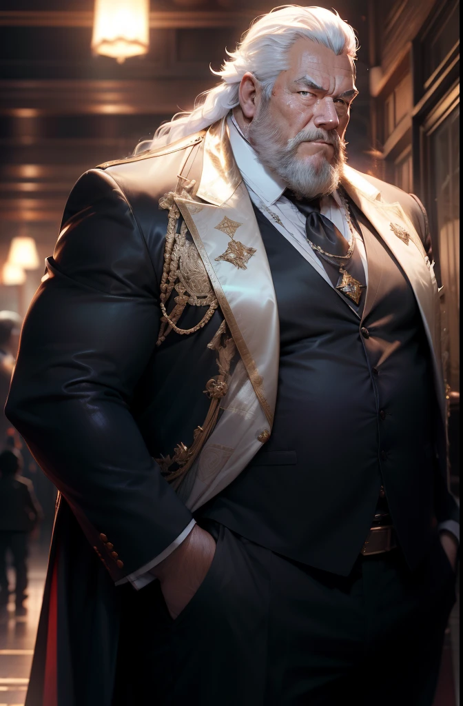 Old Man, yui,royal commander, thick body, Slightly fat,gorgeous suit,Long tie,White beard,White hair,Handsome,Grasses, sharp gaze, In the cage,Glowing red eyes, big bulge, Standing, Hide your hands behind your hips, HD quality, masutepiece, Extremely detailed, Looking to the Viewer, perspective view, nffsw, 64k uhd, Unreal.(highly detailedskin), (Detailed face), Detailed background, Dark lighting, Twilight Lighting, Volumetric lighting, Intricate details, nffsw