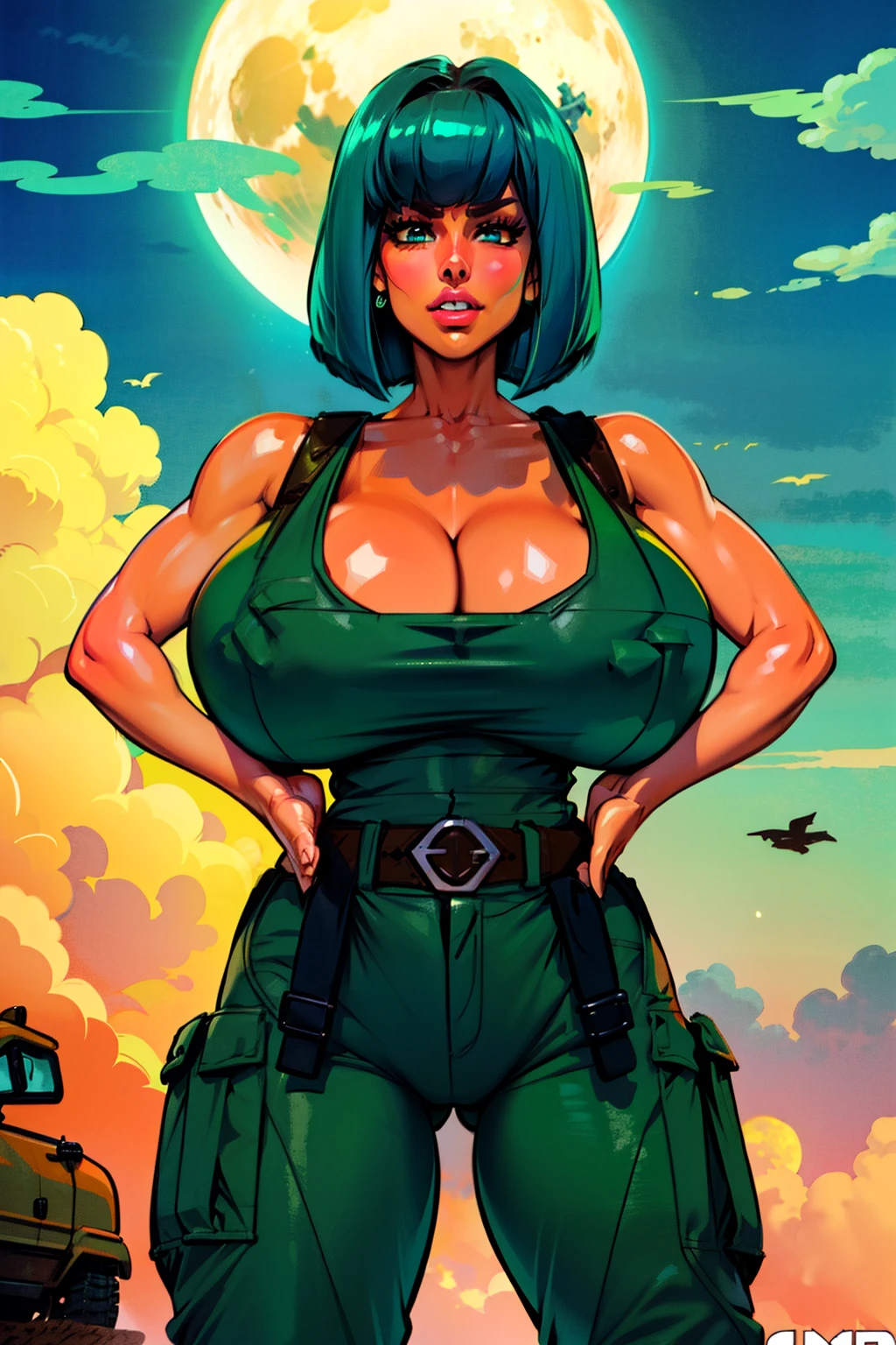Waifu, masterpiece, curvy, breasts, moon, full moon, gloves, 1girl, clenched teeth, bulma, cleavage, hair split in middle, large breasts, teeth, ((aqua hair)), ((white tank top:1.2)), blue eyes, rating:explicit,rule34, hardcore, tits,clenched hands, night, sky, ((brown cargo pants:1.4)),(white skin:1.4), bare shoulders, blue hair, clenched hand, rating:questionable, ((long bob:1.5)), belt, solo, angry, lip biting(gigantic and massive tits:1.1), breasts, official illustration, illustration, detailed face, beautiful intricate eyes, curvy milf, 1:2), titsnipples