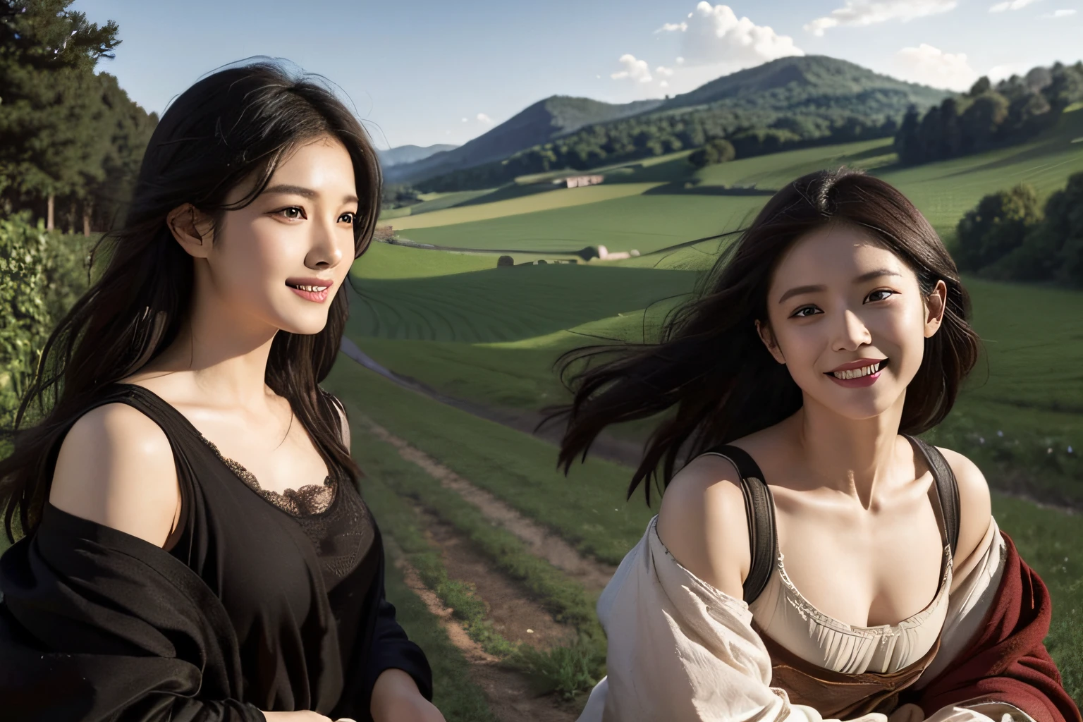 Poussin-style landscape,A smile,,Sweet and seductive appearance.、Caravaggio's paintings、Chiaroscuro of Caravaggio、Hair disheveled in the wind,Two women frolicking,Cute smile, Expression of ecstasy,A sexy,erotick