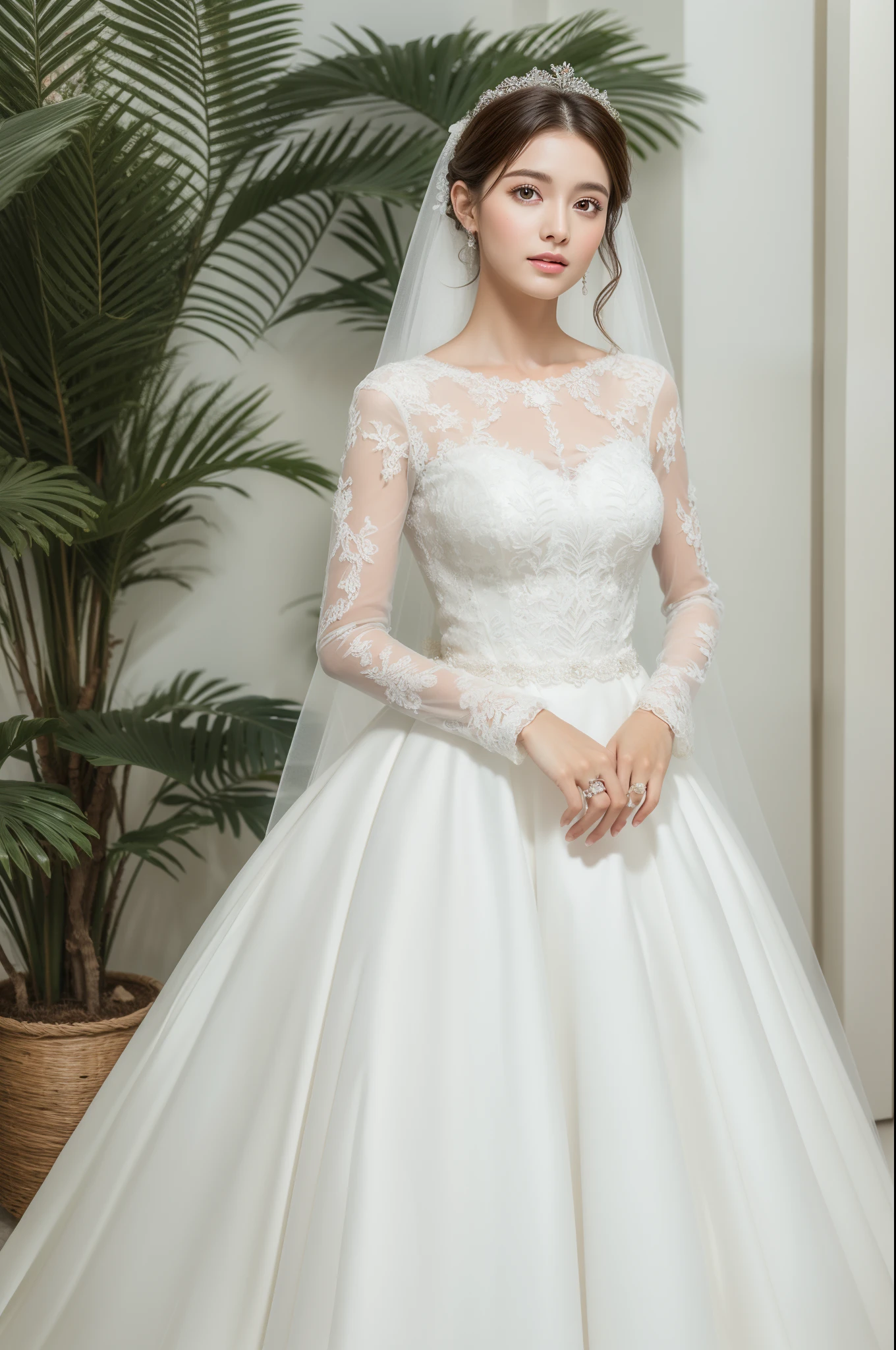 Best quality, 8k, 32k, Masterpiece, Masterpiece, (Photorealistic: 1.4), RAW photo, ultra realistic, 1girl, full body, wearing a white ballgown wedding dress, long-sleeve style, tulle and lace,
Full body photo like in a wedding dress catalog, in white room with indoor decorative palm tree, stand upright and look straight,
