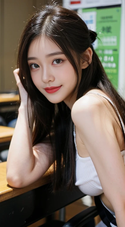 (tmasterpiece, Top image quality, A high resolution、独奏、small tit,Japanese high school uniform、High school students,High ponytail hairstyle、Not wearing a bra、FULL-BODY ESBIAN、White stockings,White stockings,a black pleated skirt,White color blouse,A smile、A slight smil、Tekaka skin、Glossy glossy skin))、Sweaty face、Latino, puberty, Covered in sweat、red lipsticks、Classroom,独奏、