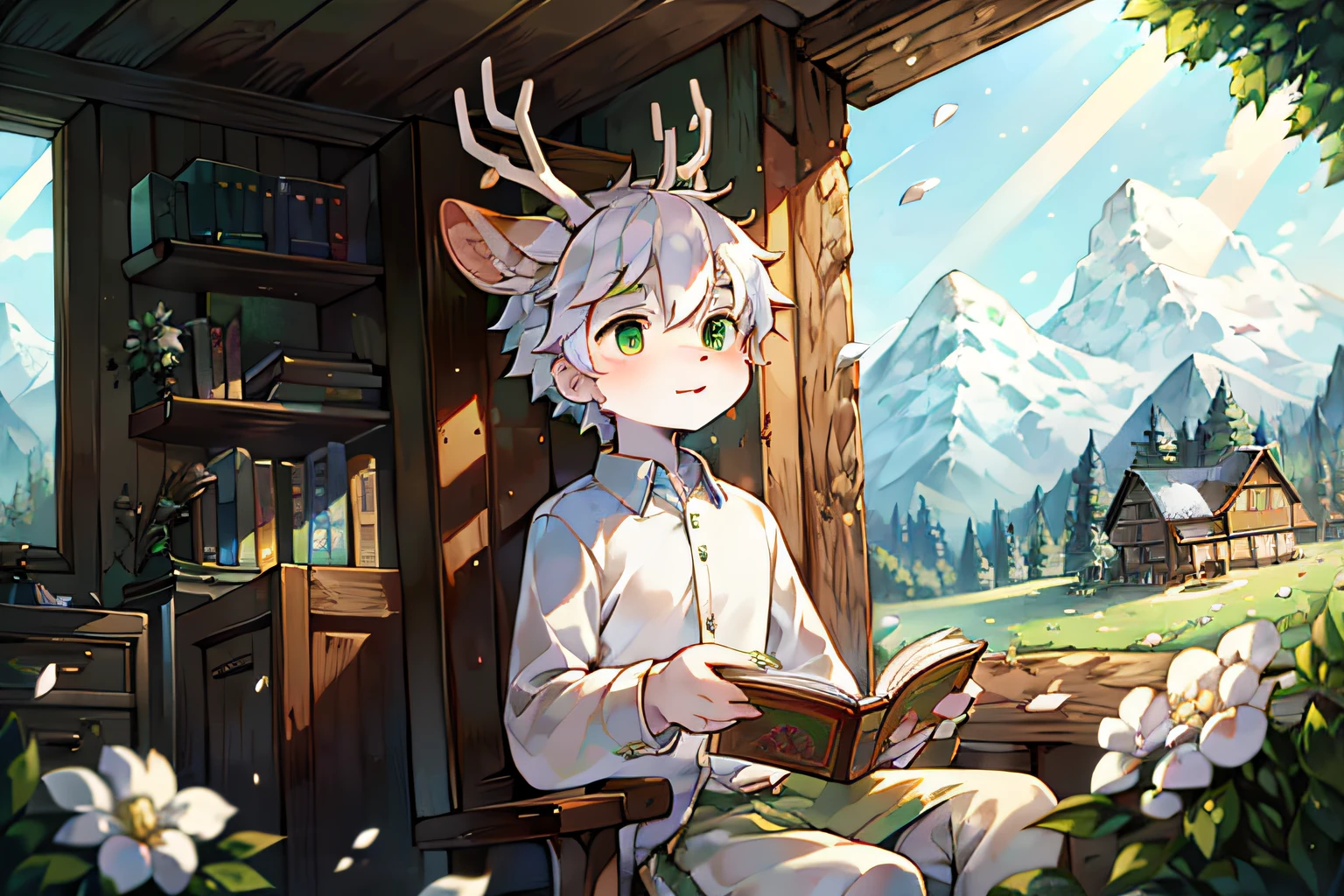 A white deer，Green-eyed，white  clothes，light green decoration，Books，Unfolded book，He is holding a paintbrush in his hand，Under the trees，rays of sunshine，deer antlers，wood cabin in distance，grassy fields，mountain ranges，falling flower petals，nerds，white color hair，shota，lovely boy，Gender ambiguity，gentleness