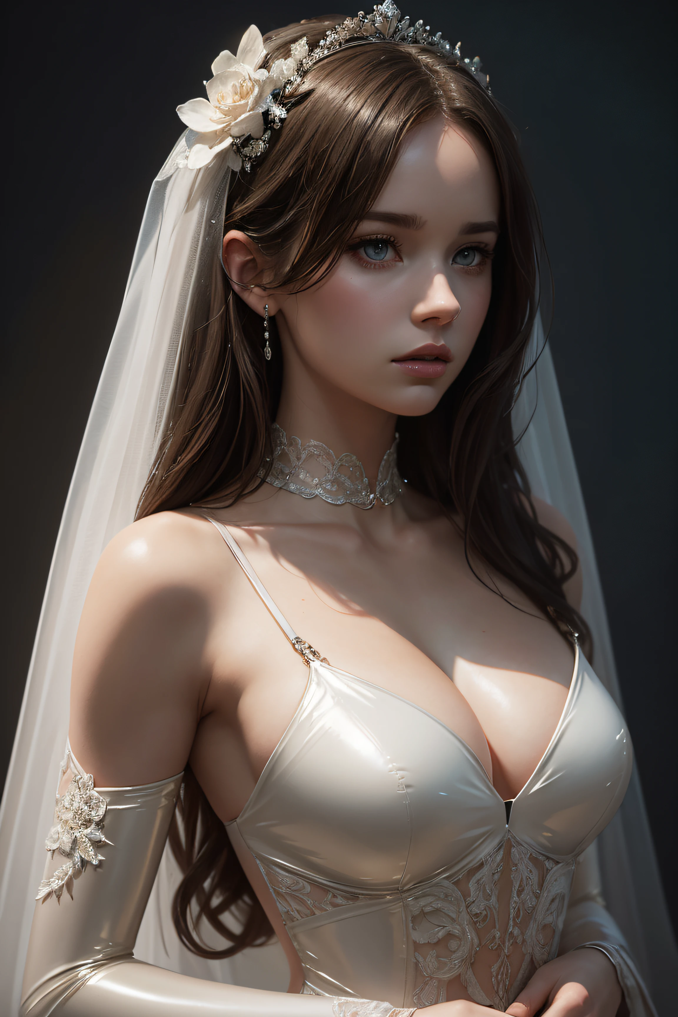 Britt Robertson, latex bride sexy clothes, character portrait, 4 9 9 0 s, long hair, intricate, elegant, highly detailed, digital painting, artstation, concept art, smooth, sharp focus, illustration, art by wlop, charlie bowater and alexandra fomina, no water marks