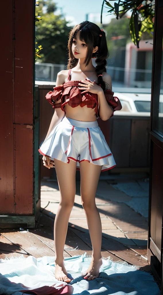 fully body photo，one-girl，closeup of face，Teenage girl，glass texture underwear，Red tulle midriff-baring dress，Barefoot，Bouquet in hand， Fluffy red shorts paired with jeans, obi strip, thigh band,  ((Stand naturally)), Full body lesbian, Outdoor sports