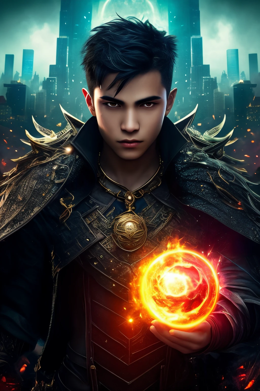 Cover art, 4k, a teenager with black hair, A mystical world floats behind him, urban fantasy, New York, Dragon scales on his face, elements float around. Three phrases are on the cover “we must unite” “We must survive” and “We Must Grow”, epic,