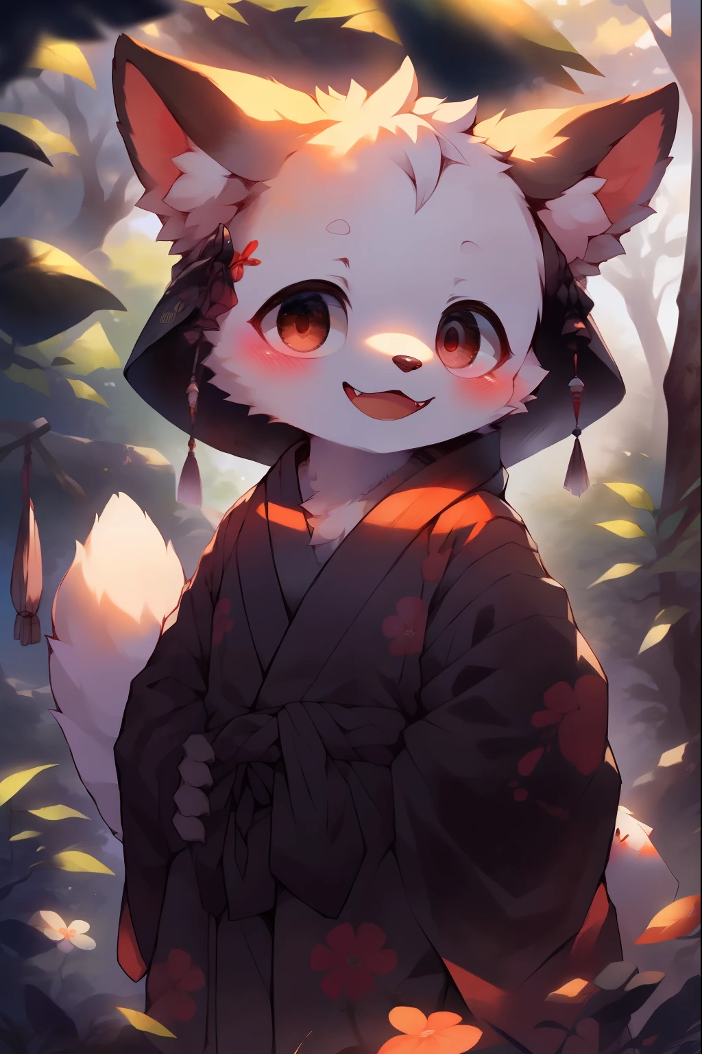 Cute and detailed digital art, Very very beautiful furry art, Detailed fanart, high-quality wallpaper, dress up as a fisherman 🧥, furry fantasy art, Popular topics on artstation pixiv, niji, eyesgod, blush, brown_eyes, looking_at_viewer, smile, solo, furry, animal_ear_fluff, open_clothes, arms behind back, upper body, tail, kimono, japanese clothes, sunlight, tree, open mouth, from below, arms behind back,