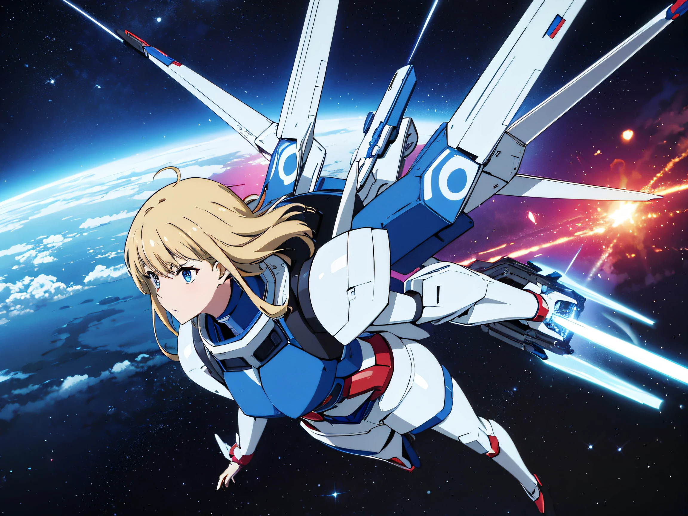masutepiece、超A high resolution、Powerful images、8K、blue and white mobile suit gundam、Feminine style robot、Fly around in space、