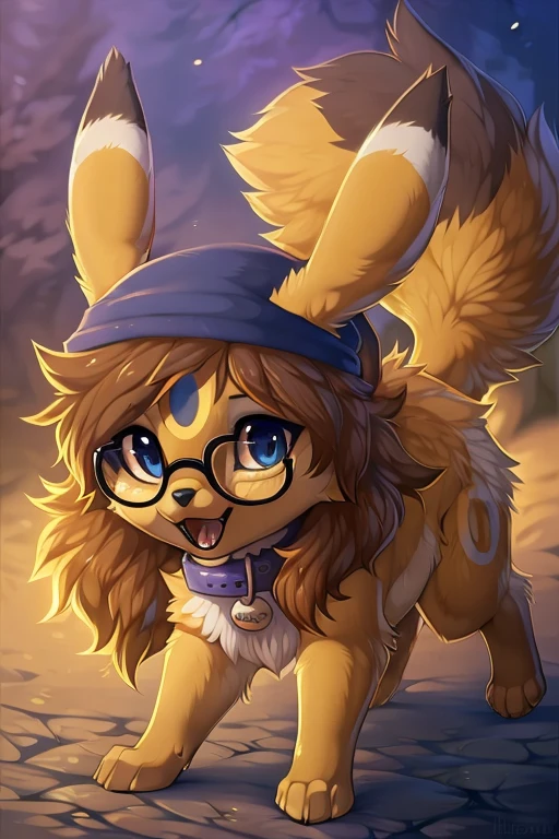 [by Hioshiru],furry, Feral, Pokemon, Long fluffy hair, glasses, Umbreon with brunette fur, glasses, Blue eyes, Happy, canine paws, paws for hands, short height, shortstack, crawling, heavy, collar, walkies, perk,Wearing Christmas hat between ears