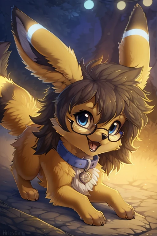 [by Hioshiru],furry, Feral, Pokemon, Long fluffy hair, glasses, Umbreon with brunette fur, glasses, Blue eyes, Happy, canine paws, paws for hands, short height, shortstack, crawling, heavy, collar, walkies, perk,Wearing Christmas hat between ears