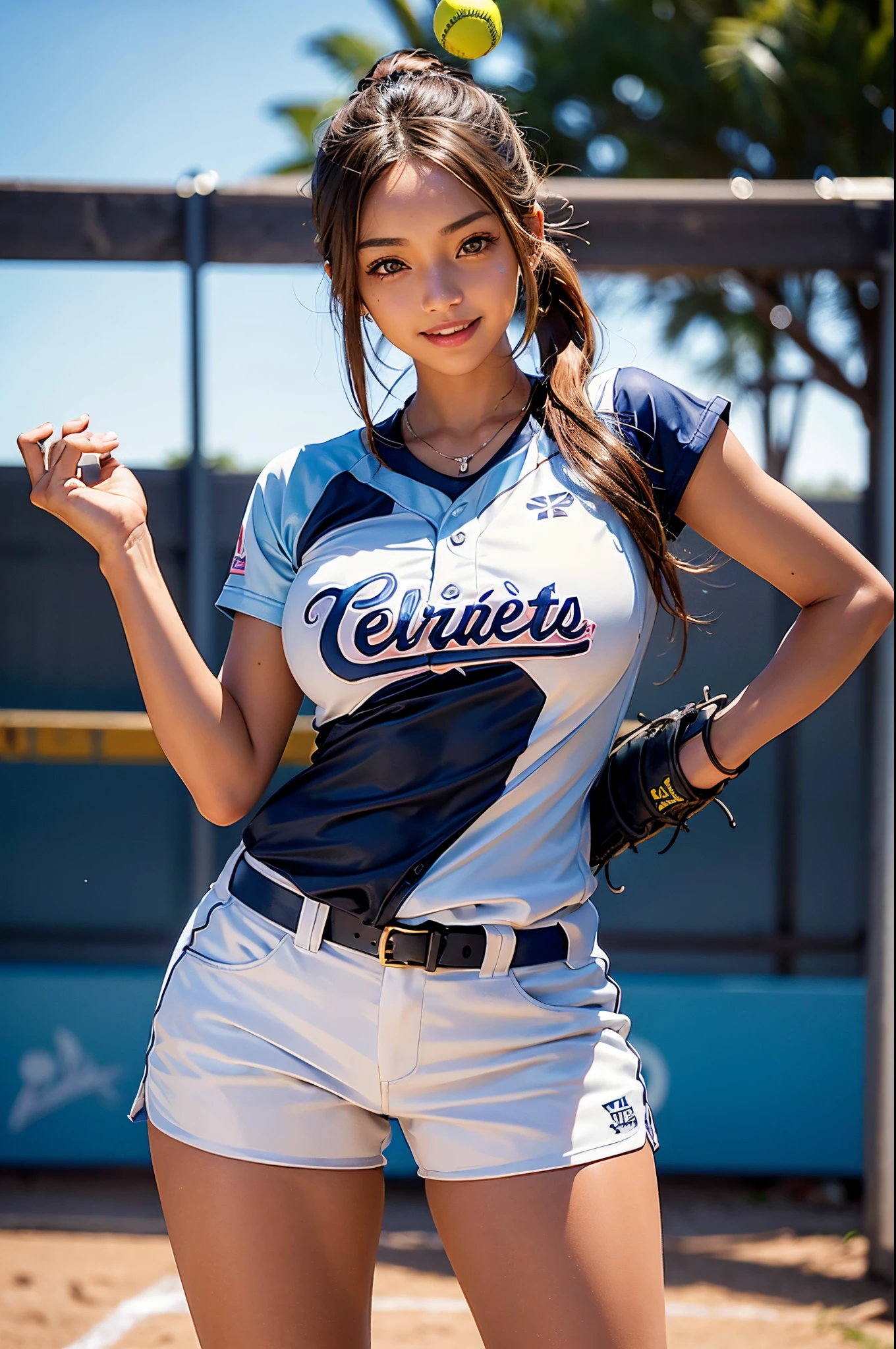 (masutepiece:1.3, Photorealsitic:1.4, 8K), top-quality, masterpiece, 超A high resolution, Perfect dynamic composition, Highly detailed skin and facial texture:1.3, A detailed eye, Detailed limbs, Mid summer, Softball game scene:1.2, 1girl in, Cute sexy 17 year old slim woman, (perspiring, Tanned body, catch:1.2), ((A smile:0.9, Totally captivates you:1.0)), (shorts softball uniform:1.3), ((voluptuous breasts:1.08)), (Beautiful blue eyes, Eyes that feel beautiful eros:0.85), Sexy face:0.4, (A mouthfeel that feels beautiful eros:0.85), ((Too cute beauty:0.9))