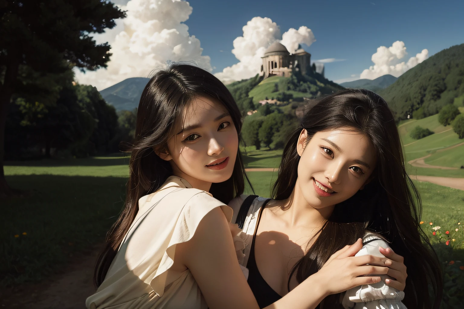 Poussin-style landscape,A smile,,Sweet and seductive appearance.、Caravaggio's paintings、Chiaroscuro of Caravaggio、Hair disheveled in the wind,Two women frolicking,Cute smile, Expression of ecstasy