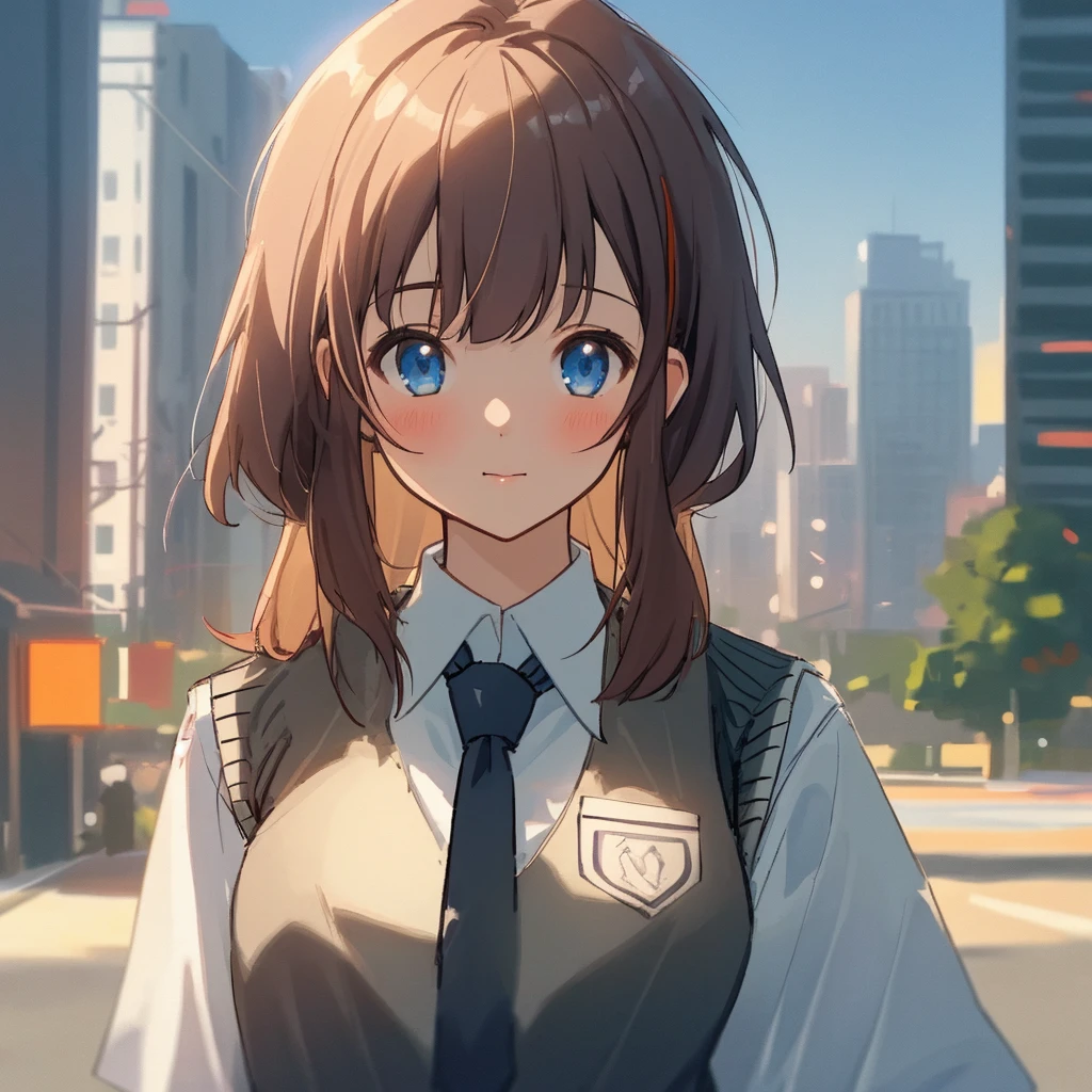 masterpiece, high quality, 8k, beautiful lighting, 1girl, solo, akane, white shirt, sweater vest, black vest, blue necktie, outdoors, upper body, portrait, bush, looking at viewer, buildings,sex,city