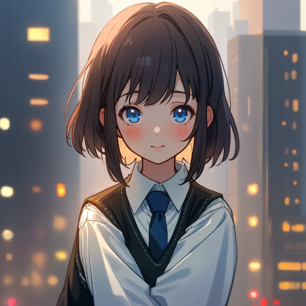 masterpiece, high quality, 8k, beautiful lighting, 1girl, solo, akane, white shirt, sweater vest, black vest, blue necktie, outdoors, upper body, portrait, bush, looking at viewer, buildings,sex,city
