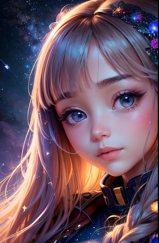 high detailing, Super Detail, 超A high resolution, Girl enjoying her time in the galaxy of dreams, surrounded by stars, Warm light sprinkled on her, Starry sky with colorful galaxy and galactic clouds in the background, Stars flying around her, Delicate face, Add a playful atmosphere , --V6