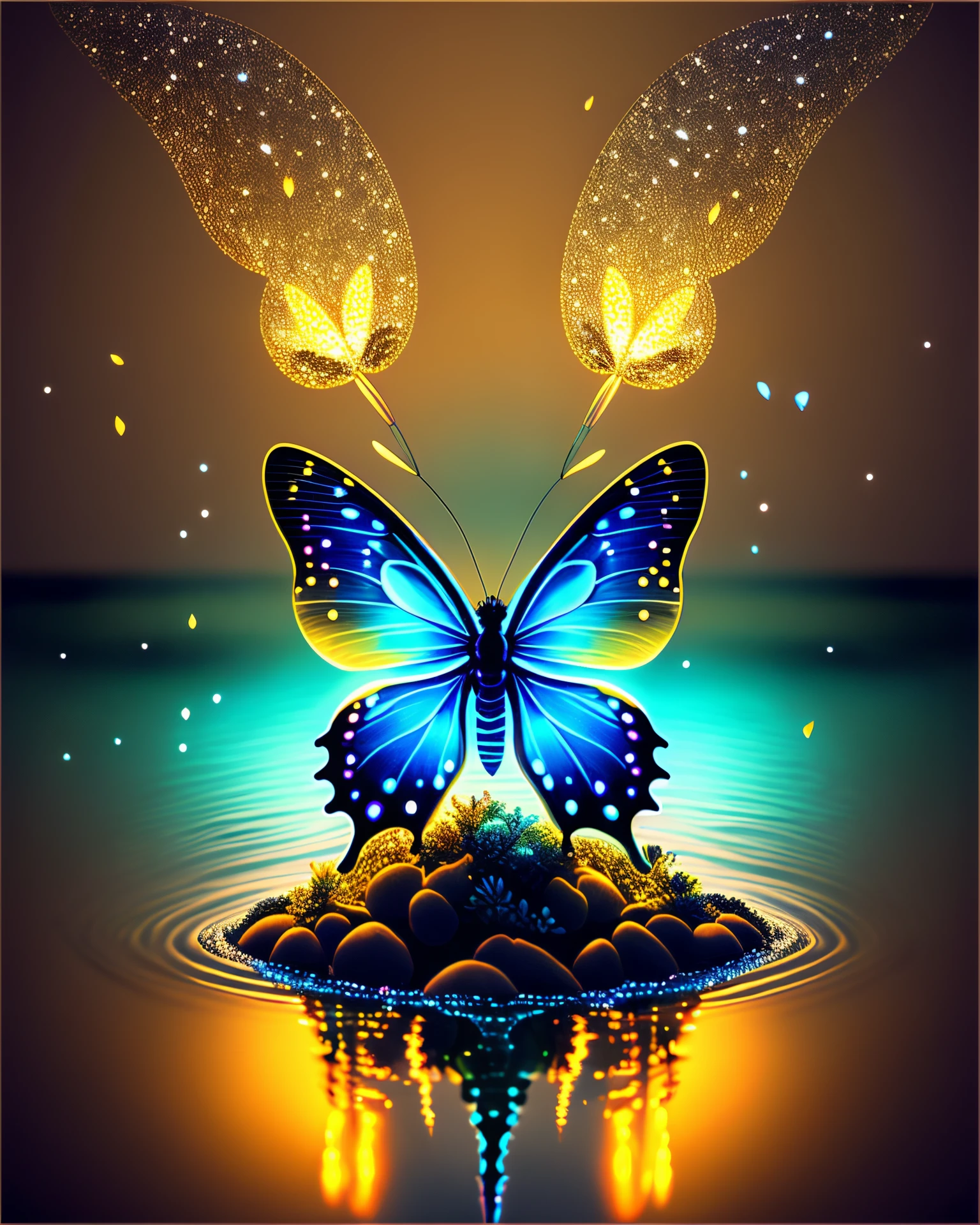 bioluminiscent butterfly on water, fireflies, 4k