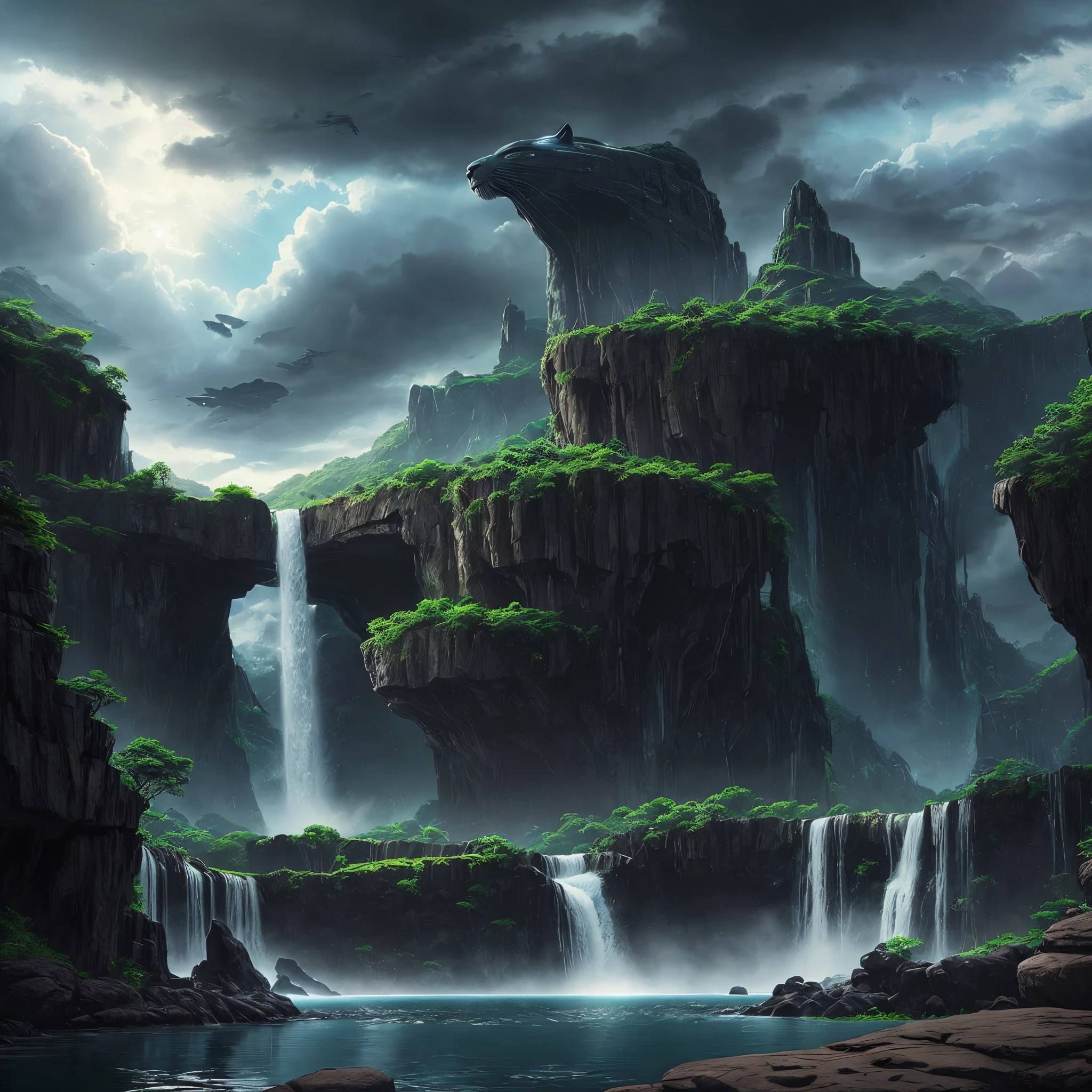 wakanda landscape,waterfallr,Fantasy Sky,Alien technology,cool black leopard