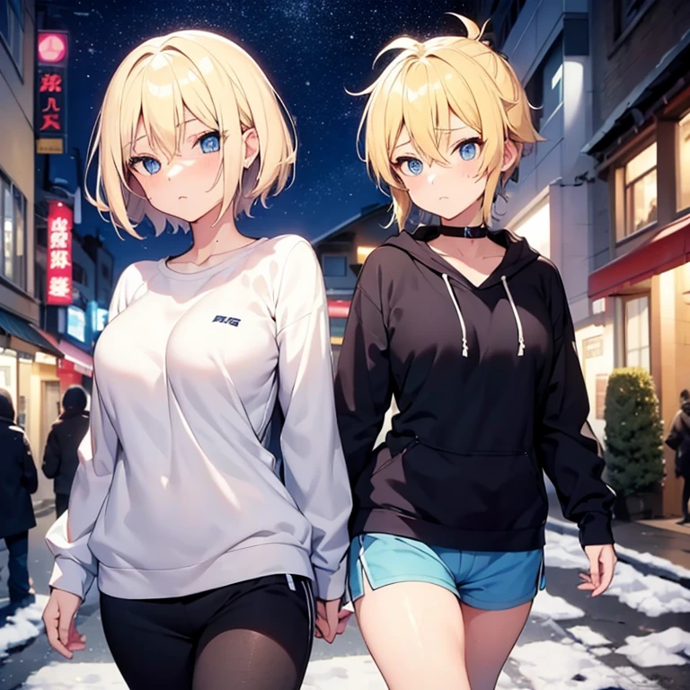 2D Anime Style、Blue eyes、breasts are slightly larger、A cool adult woman with short blonde hair is walking down the street on a snowy night with a cool expression.., Wear sweat tops that show your stomach, Sweatshorts