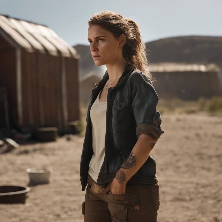 Ellie Williams is a white girl with a few freckles, with a medium hairstyle, brown dark hair. She wears practical and utilitarian clothing that reflects the harsh and post-apocalyptic world. Wearing converse is a must. She has visible scars (one across her right eyebrow) and a tattoo wraps almost completely her right forearm covering her bite mark scar. Her build is slim and athletic. Her facial expression include a determined and sometimes intense expression. Her eyes convey a sense of resilience and determination. Her hairstyle is a messy half ponytail. Blue eyes.,The Last of Us Part II,Ellie Williams is a white girl with a few freckles, with a medium hairstyle, brown dark hair. She wears practical and utilitarian clothing that reflects the harsh and post-apocalyptic world. Wearing converse is a must. She has visible scars (one across her right eyebrow) and a tattoo wraps almost completely her right forearm covering her bite mark scar. Her build is slim and athletic. Her facial expression include a determined and sometimes intense expression. Her eyes convey a sense of resilience and determination. Her hairstyle is a messy half ponytail. Blue eyes.,face,photo