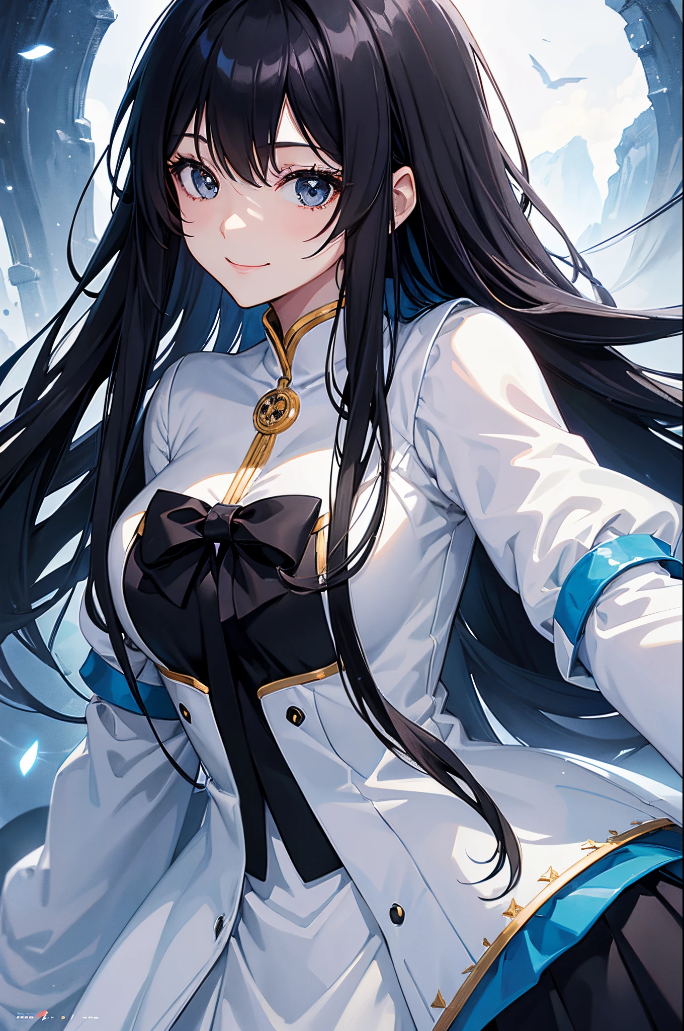 Magazine Cover. Anime. Solo. 1-woman. A young woman with long black hair and black eyes who smiles gently. She is wearing a white clothes embellished in blue. Fantasy theme. Upper body. Half body potrait.