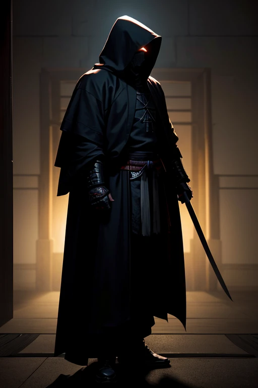 Create an enigmatic scene featuring a hooded figure standing in the shadows, illuminated by a faint light, exuding the aura and spirit of a samurai warrior.