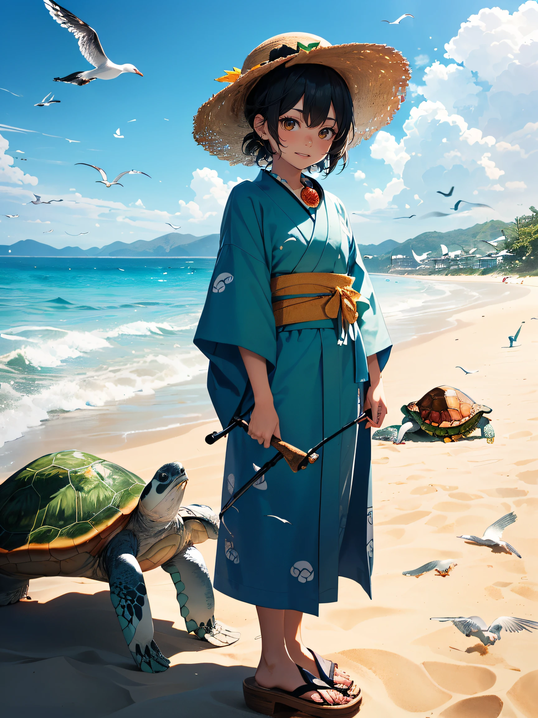 Urashima Taro saves a turtle:1.2, (Urashima Taro is a young fisherman with black hair and a straw hat:1.4), (Urashima Taro wears a blue kimono and wooden sandals:1.3), (Urashima Taro holds a fishing rod in his left hand:1.2), (turtle is a small green animal with a brown shell:1.3), (turtle has a friendly expression and a red ribbon around its neck:1.4), (Urashima Taro and turtle are on a sandy beach with waves and seagulls:1.5)