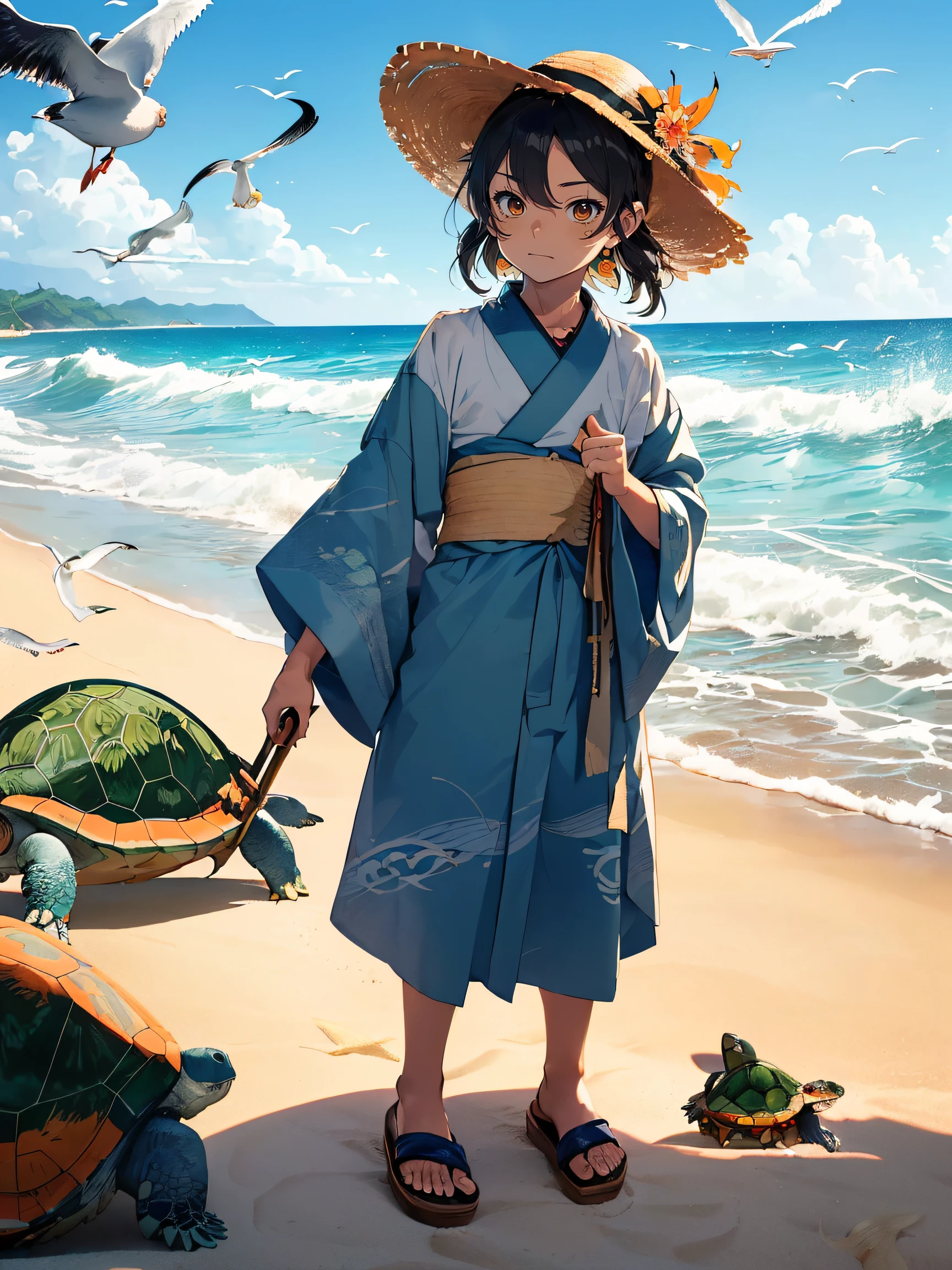 Urashima Taro saves a turtle:1.2, (Urashima Taro is a young fisherman with black hair and a straw hat:1.4), (Urashima Taro wears a blue kimono and wooden sandals:1.3), (Urashima Taro holds a fishing rod in his left hand:1.2), (turtle is a small green animal with a brown shell:1.3), (turtle has a friendly expression and a red ribbon around its neck:1.4), (Urashima Taro and turtle are on a sandy beach with waves and seagulls:1.5)
