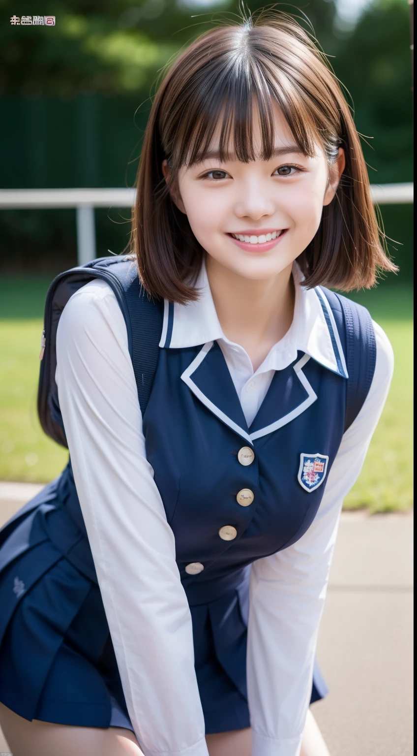 Enhanced dynamic perspective，Cute cute beautiful girl，JK school uniform，18year old、Look at me and smile，simple backgound，Works of masters，high quarity，Girls' Schools、4K resolution，super-fine，Detailed pubic hair，acurate，Cinematic lighting，Volleyball Club、Leaves the original facial proportions、(large full breasts)、((buttonGap))、crouching down、