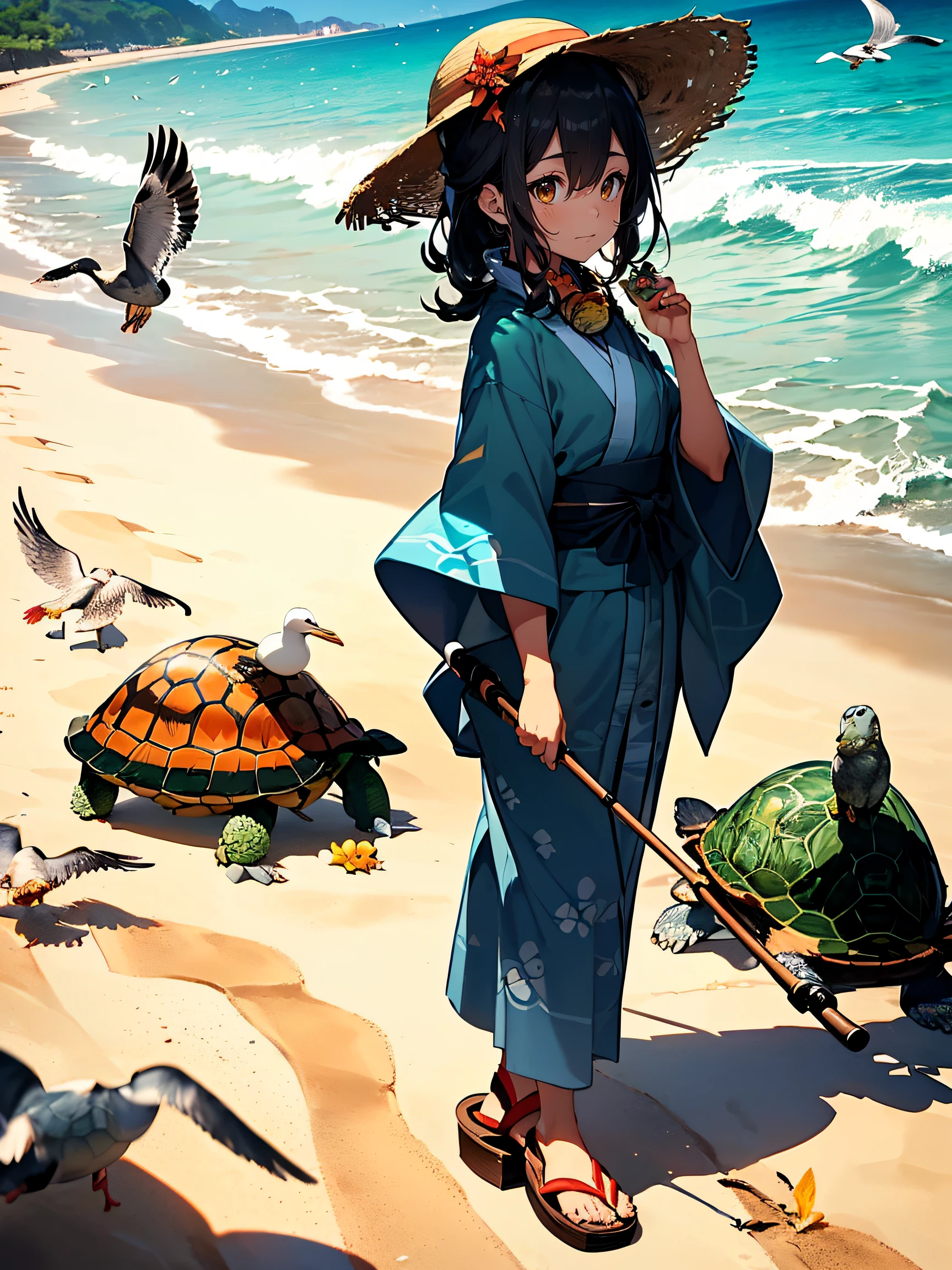 Urashima Taro saves a turtle:1.2, (Urashima Taro is a young fisherman with black hair and a straw hat:1.4), (Urashima Taro wears a blue kimono and wooden sandals:1.3), (Urashima Taro holds a fishing rod in his left hand:1.2), (turtle is a small green animal with a brown shell:1.3), (turtle has a friendly expression and a red ribbon around its neck:1.4), (Urashima Taro and turtle are on a sandy beach with waves and seagulls:1.5)