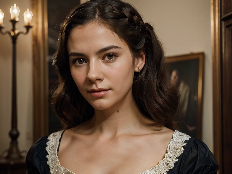 Generate a cinematic and accurate AI-crafted portrait of a woman from old-era Europe. Capture the essence of historical European fashion and style, paying meticulous attention to facial features that are authentic to the chosen era. Ensure the lighting and composition evoke a cinematic atmosphere, reminiscent of classic portraiture.

Consider incorporating details such as period-appropriate hairstyles, clothing, and accessories to enhance the historical accuracy of the portrait. Strive for realism in facial expressions, reflecting the nuances of the individual's character. Craft an image that transports viewers back in time, offering a glimpse into the elegance and charm of a woman from a bygone era in Europe.