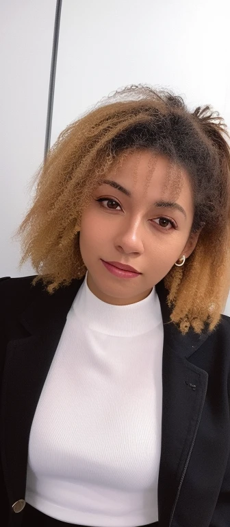 There is a woman with a black jacket and a white top, foto de perfil profissional, foto de perfil headshot, taken in the early 2020s, foto de uma mulher negra, imagem profissional, Foto profissional detalhada, jovem mulher negra, foto headshot, close-up headshot, 1 / 2 headshot, retrato de alta qualidade, head shoot, foto de closeup profissional, foto do perfil