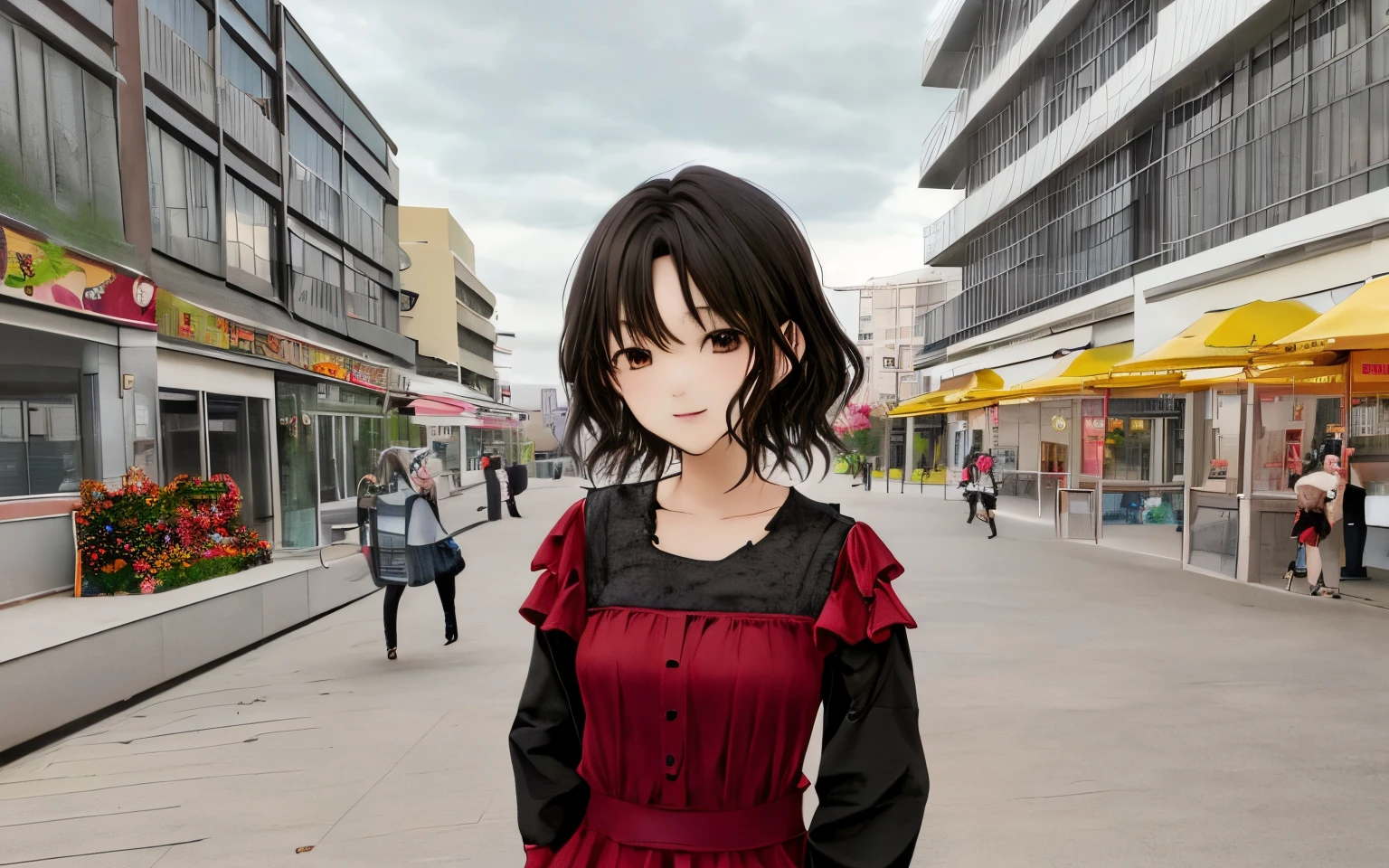 Chica anime, en medio de una plaza, chica tierna, cabello ????? y corto, usando un vestido rojo, detras varias frutas como una plaza de mercado