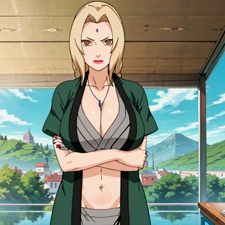 masterpiece, best quality, facing viewer, looking at viewer, 1girl, solo, outdoors, beach, standing, shy, tsunade, bikini